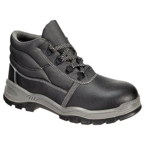 A black composite safety boot with an anti-slip sole and padded collar, designed for comfort and protection during extended site work.