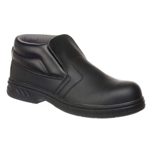 A black composite safety boot with an anti-slip sole and padded collar, designed for comfort and protection during extended site work.