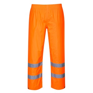 A pair of high-visibility orange trousers featuring retroreflective tape panels, suitable for a wide range of outdoor and site work applications.