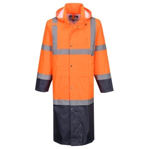 A high-visibility orange waterproof jacket featuring retroreflective tape panels, suitable for a wide range of outdoor and site work applications.