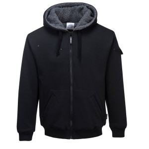 A black jacket designed for use on construction sites and in industrial work environments.,