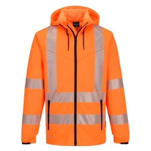 A high-visibility orange sweatshirt featuring retroreflective tape panels, a full-length zip front, suitable for a wide range of outdoor and site work applications.