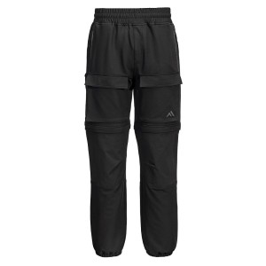 A pair of black work trousers designed for use on construction sites and in industrial work environments.,