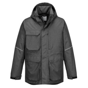 A grey jacket designed for use on construction sites and in industrial work environments.,