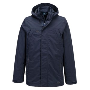 A navy blue jacket designed for use on construction sites and in industrial work environments.,