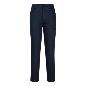A pair of navy blue work trousers featuring stretch panels for ease of movement, suitable for a wide range of outdoor and site work applications.