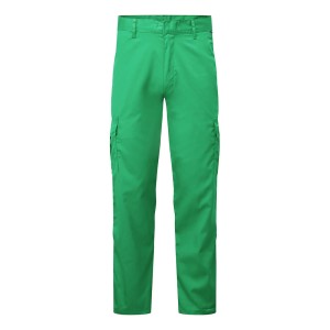 A pair of teal work trousers designed for use on construction sites and in industrial work environments.,