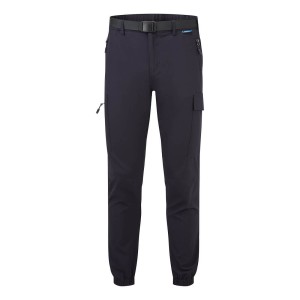 A pair of navy blue work trousers featuring stretch panels for ease of movement, suitable for a wide range of outdoor and site work applications.