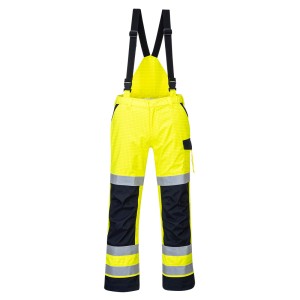 A pair of high-visibility yellow trousers featuring retroreflective tape panels, flame-resistant fabric, suitable for a wide range of outdoor and site work applications.
