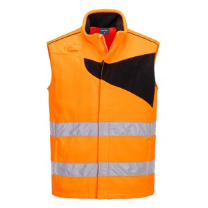 A high-visibility orange workwear garment featuring retroreflective tape panels, suitable for a wide range of outdoor and site work applications.
