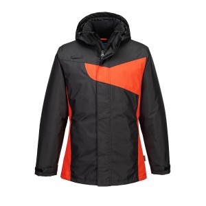 A black jacket designed for use on construction sites and in industrial work environments.,