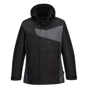 A black jacket designed for use on construction sites and in industrial work environments.,