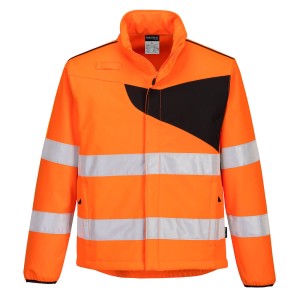 A high-visibility orange softshell jacket featuring retroreflective tape panels, suitable for a wide range of outdoor and site work applications.