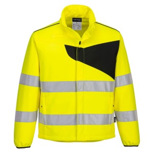 A high-visibility yellow softshell jacket featuring retroreflective tape panels, suitable for a wide range of outdoor and site work applications.