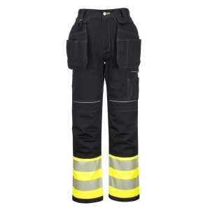 A pair of high-visibility yellow trousers featuring retroreflective tape panels, functional pockets, suitable for a wide range of outdoor and site work applications.