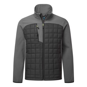 A grey jacket designed for use on construction sites and in industrial work environments.,