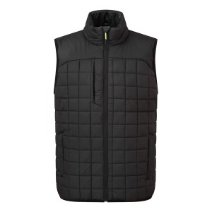 A black workwear garment designed for use on construction sites and in industrial work environments.,
