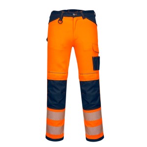 A pair of high-visibility orange trousers featuring retroreflective tape panels, suitable for a wide range of outdoor and site work applications.