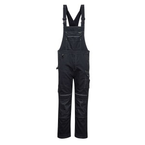 A black workwear garment designed for use on construction sites and in industrial work environments.,