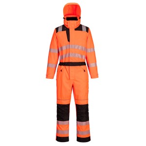 A high-visibility orange coverall featuring retroreflective tape panels, suitable for a wide range of outdoor and site work applications.