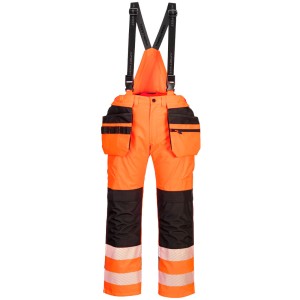 A pair of high-visibility orange trousers featuring retroreflective tape panels, suitable for a wide range of outdoor and site work applications.