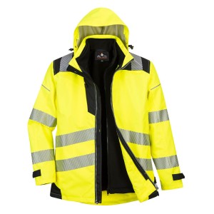 A high-visibility yellow jacket featuring retroreflective tape panels, suitable for a wide range of outdoor and site work applications.