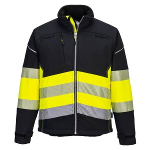 A high-visibility yellow softshell jacket featuring retroreflective tape panels, suitable for a wide range of outdoor and site work applications.