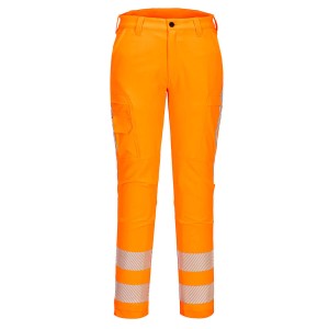 A pair of high-visibility orange trousers featuring retroreflective tape panels, stretch panels for ease of movement, suitable for a wide range of outdoor and site work applications.