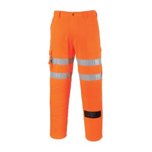 A pair of high-visibility orange trousers featuring retroreflective tape panels, suitable for a wide range of outdoor and site work applications.