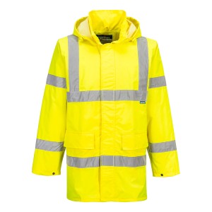 A high-visibility yellow waterproof jacket featuring retroreflective tape panels, suitable for a wide range of outdoor and site work applications.