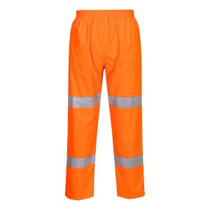 A pair of high-visibility orange trousers featuring retroreflective tape panels, suitable for a wide range of outdoor and site work applications.