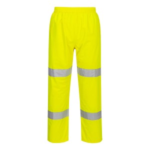 A pair of high-visibility yellow trousers featuring retroreflective tape panels, suitable for a wide range of outdoor and site work applications.