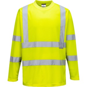 A high-visibility yellow work shirt featuring retroreflective tape panels, suitable for a wide range of outdoor and site work applications.