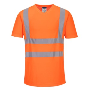 A high-visibility orange work shirt featuring retroreflective tape panels, suitable for a wide range of outdoor and site work applications.
