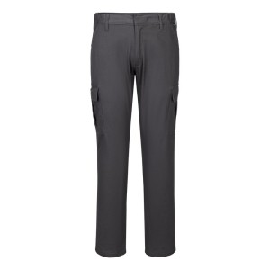 A pair of grey work trousers featuring stretch panels for ease of movement, suitable for a wide range of outdoor and site work applications.