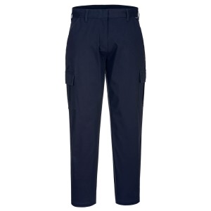A pair of women's navy blue work trousers featuring stretch panels for ease of movement, suitable for a wide range of outdoor and site work applications.