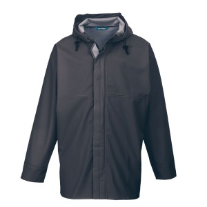 A navy blue jacket designed for use on construction sites and in industrial work environments.,