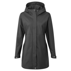 A women's black waterproof jacket designed for use on construction sites and in industrial work environments.,