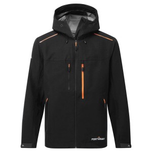A black jacket designed for use on construction sites and in industrial work environments.,