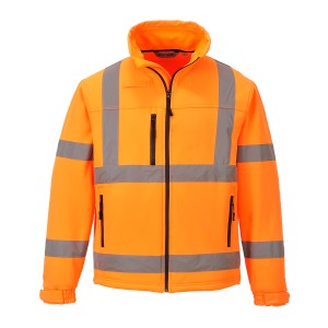 A high-visibility orange softshell jacket featuring retroreflective tape panels, suitable for a wide range of outdoor and site work applications.