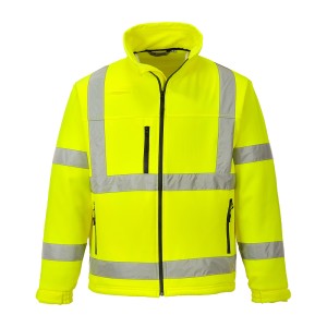 A high-visibility yellow softshell jacket featuring retroreflective tape panels, suitable for a wide range of outdoor and site work applications.