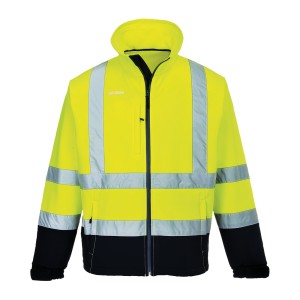 A high-visibility yellow softshell jacket featuring retroreflective tape panels, suitable for a wide range of outdoor and site work applications.