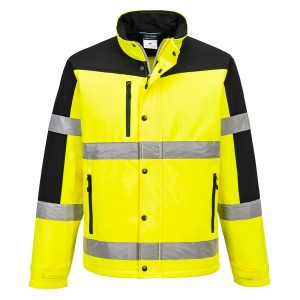 A high-visibility yellow softshell jacket featuring retroreflective tape panels, suitable for a wide range of outdoor and site work applications.