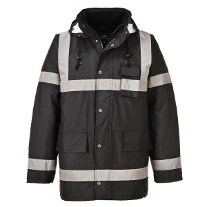 A black jacket designed for use on construction sites and in industrial work environments.,