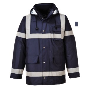 A navy blue jacket designed for use on construction sites and in industrial work environments.,