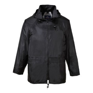 A black waterproof jacket designed for use on construction sites and in industrial work environments.,