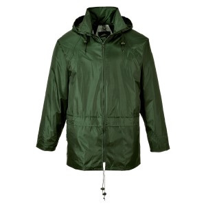 A green waterproof jacket designed for use on construction sites and in industrial work environments.,