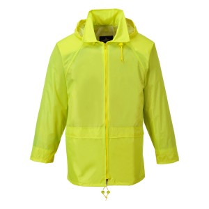 A yellow waterproof jacket designed for use on construction sites and in industrial work environments.,