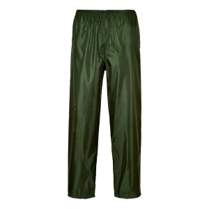 A pair of green work trousers designed for use on construction sites and in industrial work environments.,