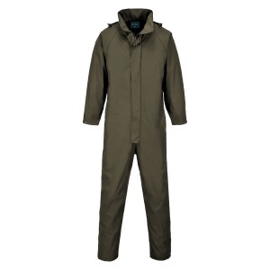 A yellow coverall designed for use on construction sites and in industrial work environments.,